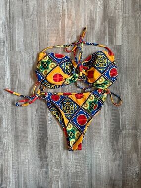 Vibrant Geometric Print Tie Bikini - Yellow, Blue, Red
